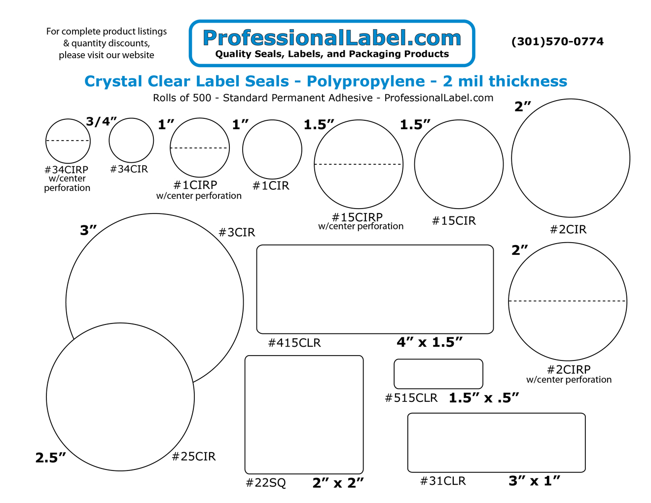Crystal Clear Round 2.5" Labels on Roll of 500 Standard Permanent Adhesive 25CIR 